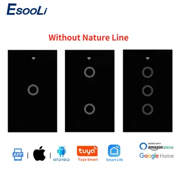 

EsooLi US Standard Tuya Smart Life Wifi Smart Wall Touch Light Switch 1/2/3 Gang Crystal Glass Single Fire Line Touch Switch