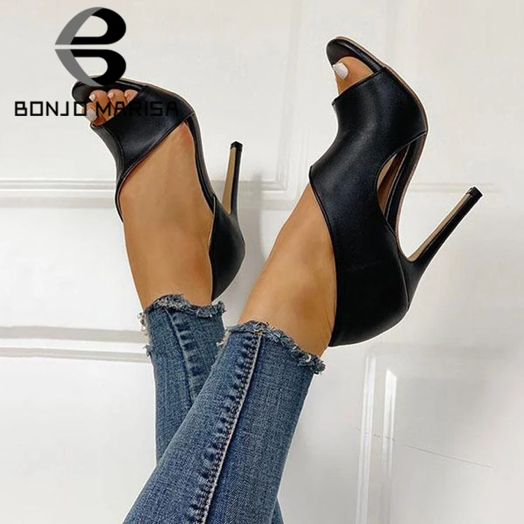 BONJOMARISA/Новинка; Прямая поставка; большие размеры 32-43; Летние пикантные черные туфли-лодочки; женская обувь с открытым носком на тонком высоком каблуке; женская обувь из органической кожи