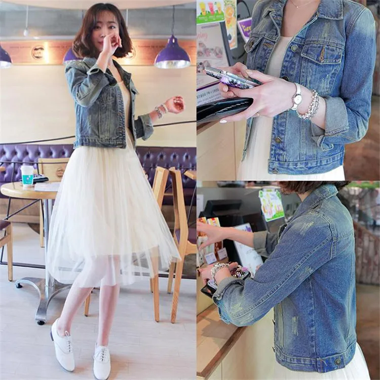 

New Style Jeans Coat Short Coat Korean-style Long Sleeve Slim Fit Short Cowboy Coat Women Windbreaker Frayed Fashion
