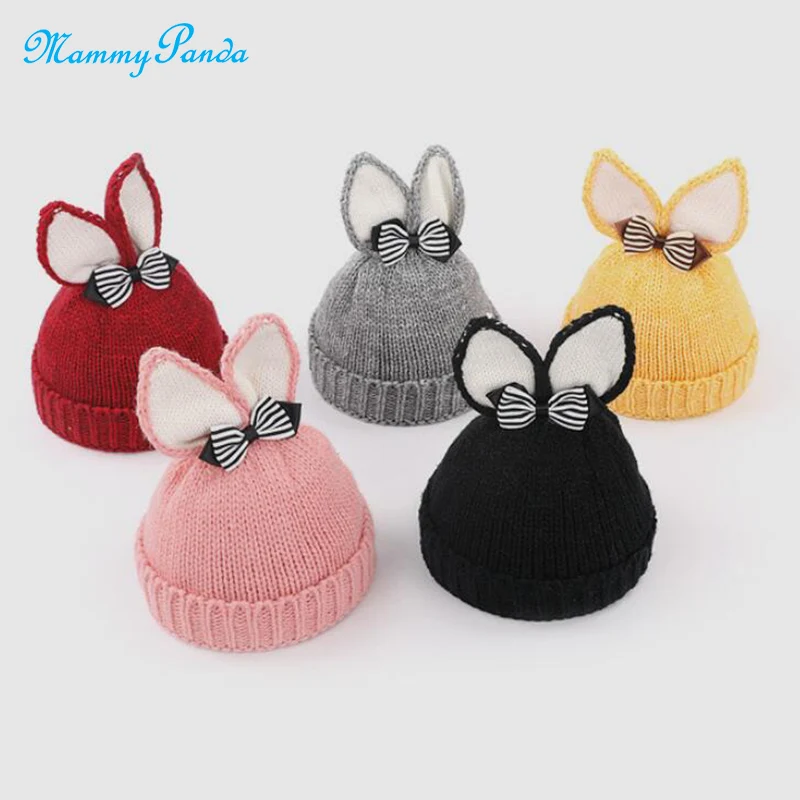 

Autumn Winter Hats For Girls Cute Rabbit Ears Baby Cap Plush Warm Kids Hat Bow Knitted Beanie Cap Crochet Hats Children Bonnet