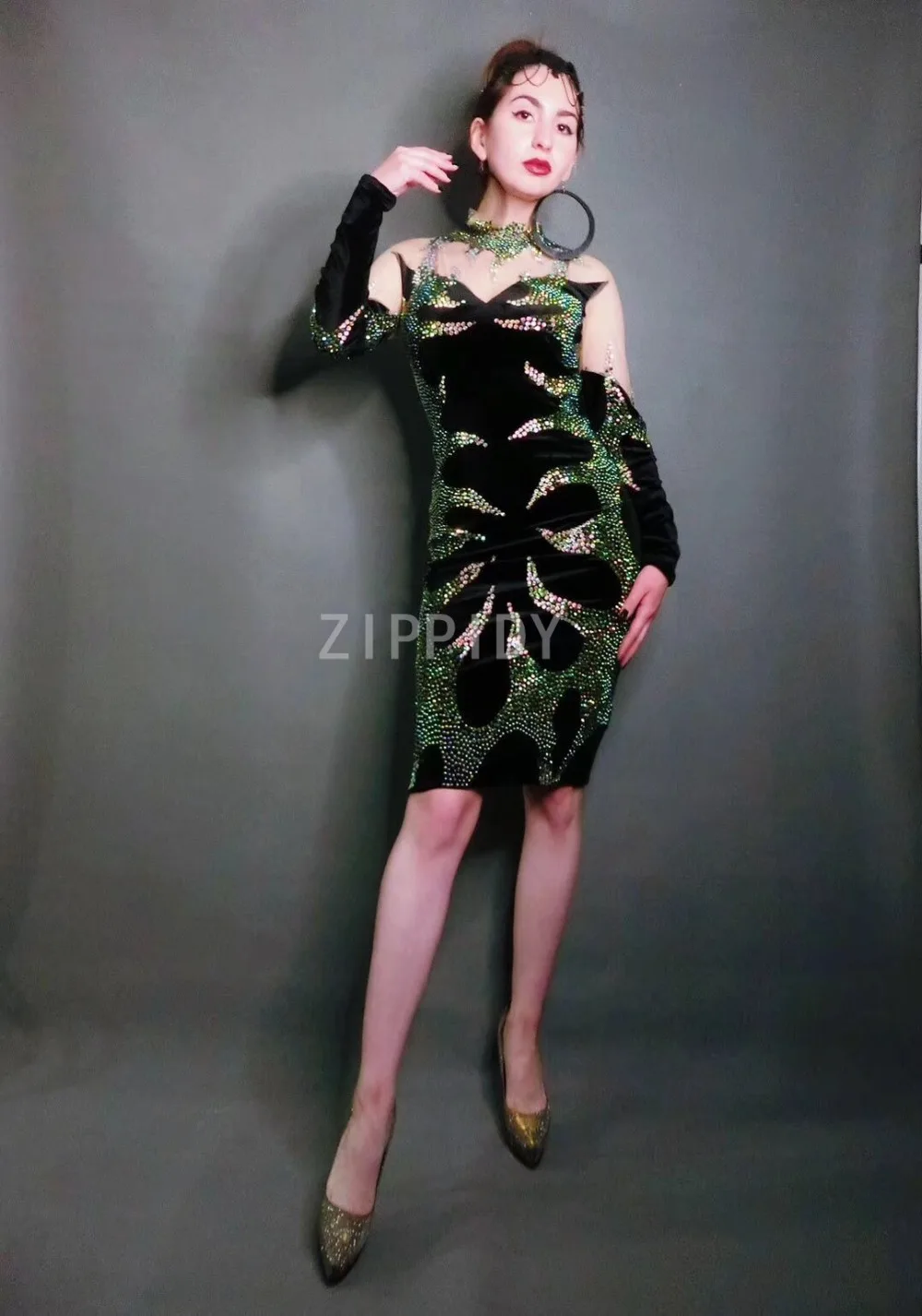 Модное разноцветное платье с длинным рукавом, стразы, Одежда для танцев, одежда для дня рождения, одежда для выпускного вечера, женское платье певицы черного цвета