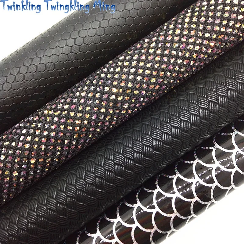Black Mesh Glitter leather Honeycomb Weaving Faux Leather Mermaid Fabric For Bow A4 21x29CM Twinkling Ming KM195 | Дом и сад