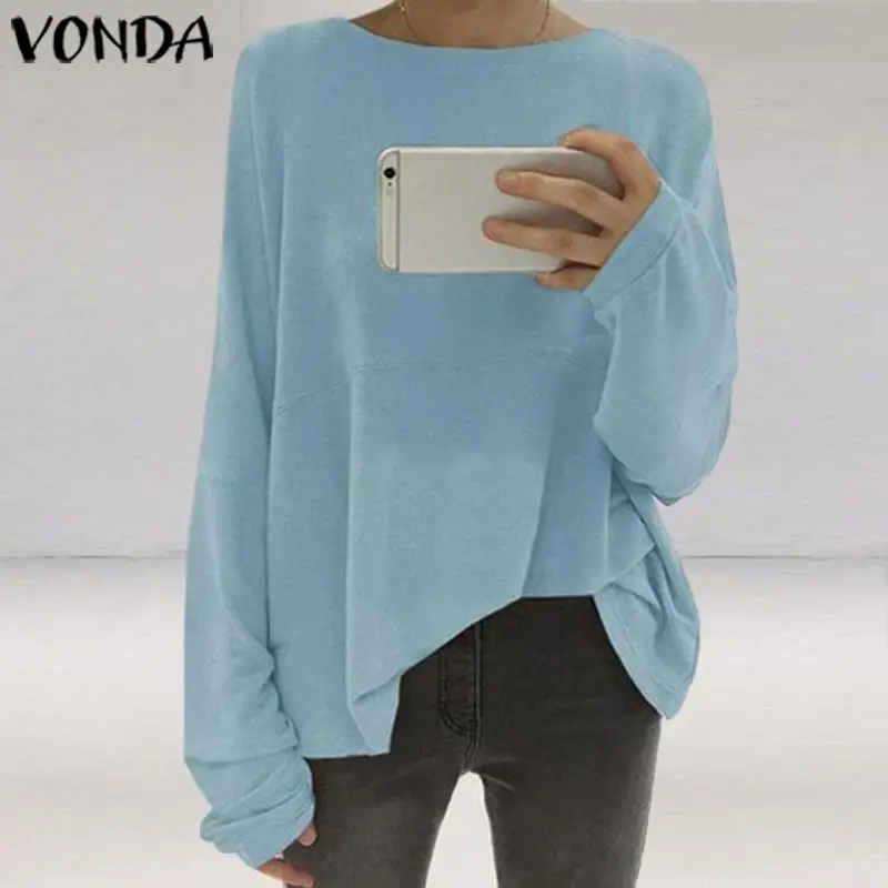 

VONDA Plus Size Tops Women Blouse 2019 Autumn Spring Sexy O Neck Solid Blusas Casual Loose Long Sleeve Shirts S-5XL