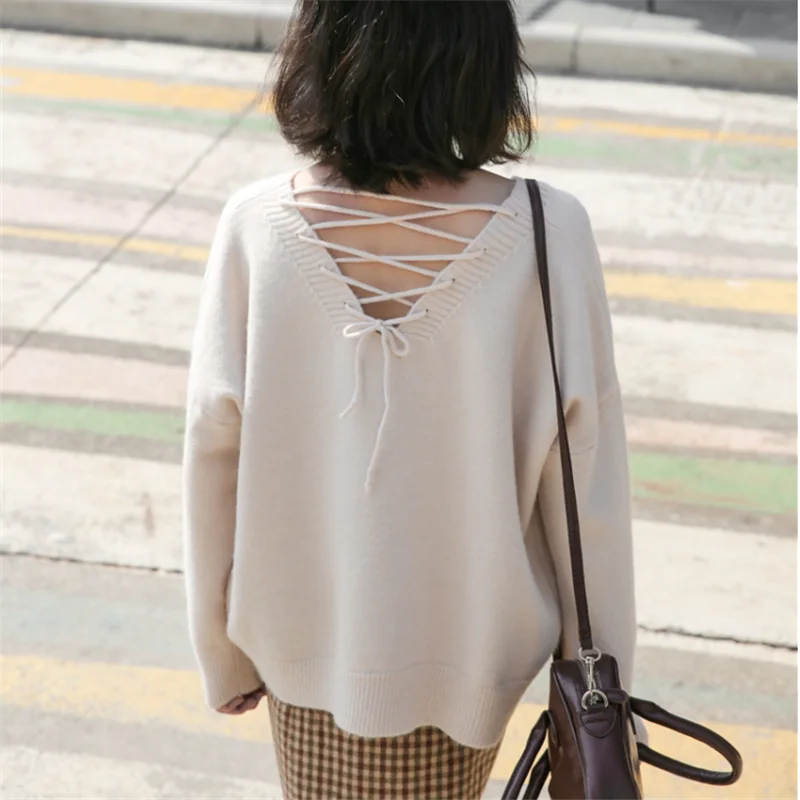 

Autumn Winter Women's Sweaters New Style Cross strap V-neck Sweater Korean Style Knitting Casual Solid Sweater Pullover