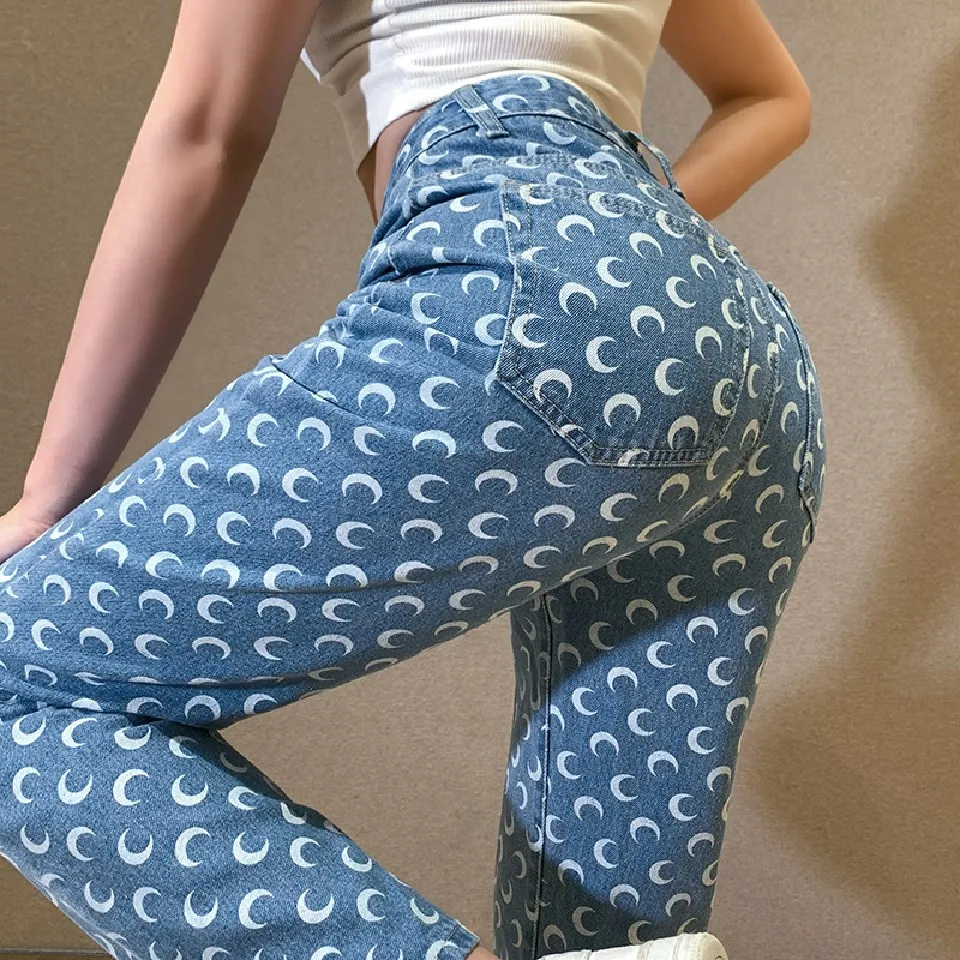 slim fit Moon Print Pants Straight Leg Mom Jeans Women High Waist Denim Trousers Slim Streetwear 2021 Fashion Y2k Style Baggy Clothing cargo pants for women