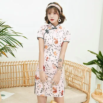 

Mini Sexy Lady Cheongsam Vestidso Rayon Mandarin Collar Chinese Style Dress Elegant Print Flower Pink Qipao Prom Party Gown