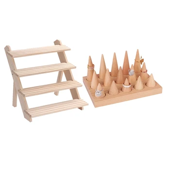 

2 Pcs Jewelry Display Tray Pendant Earrings Rings Display Blocks Solid Wood Jewelry Display Holder, 40x35Cm & 15x19.8Cm