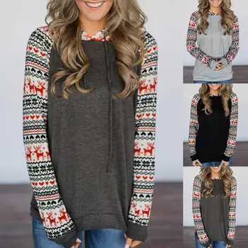

Christmas Women Deer Print Patchwork Long Sleeve Hooded Blouse Sweatshirt Hoodie Outwear Coats Female Pullover Sweatshirt