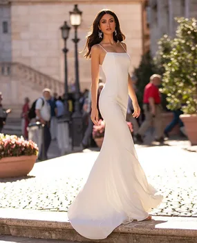 

Simple Spaghetti Straps Mermaid Wedding Dress Soft Satin Beach Bride Dresses Train Elegant Boho vestidos de mairee