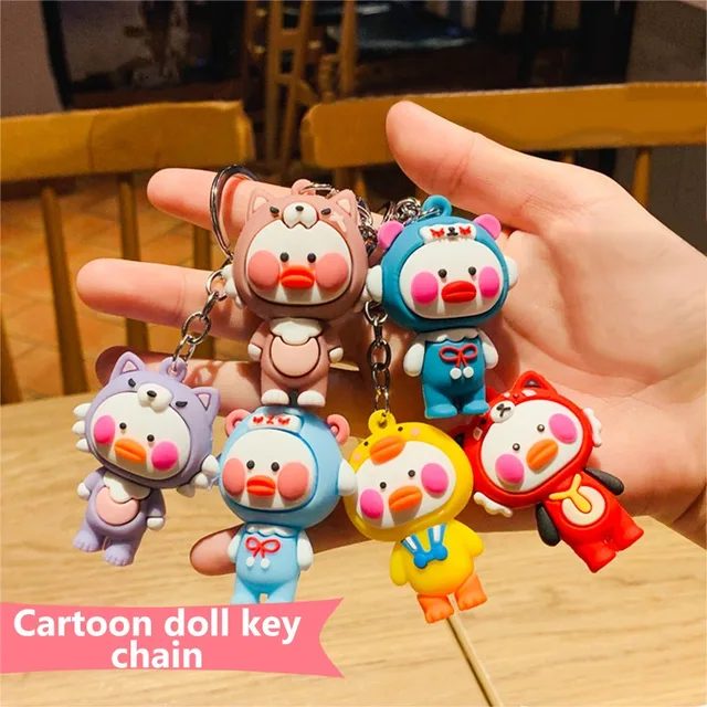 NEW Korean Lalafanfan Duck Keychain with Animal Helmet Little Yellow Duck Figure Keychains Decor Cute Ducks Doll Toys Kids Gifts 3
