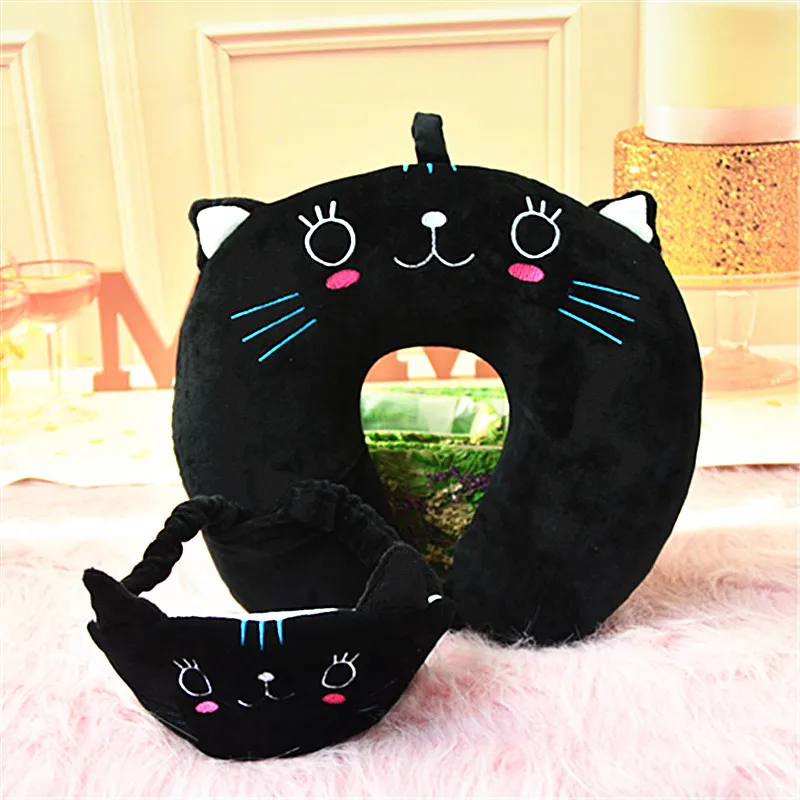 Soft Cartoon Embroidered Pattern Pillow U-shaped Neck Pillow Neck Protection Pillow Travel Plush Toys Give Sleeping Eye mask - Цвет: Черный