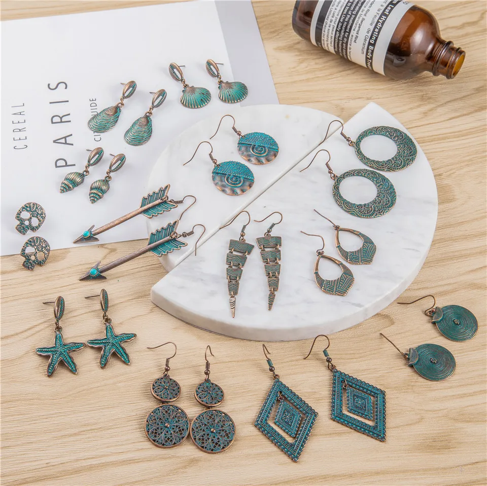24 Стили Древний Красный Медный Цвет Богемной Филигранной Серьги Boho Старинные Этнические Полые Геометрические Серьги для женщин Ювелирные Изделия