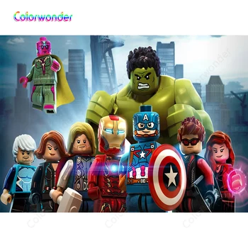 

Lego Series KIds Birthday Party Backdrops for Photography Superhero Iron-Man Captain America with Other Avengers Modern City