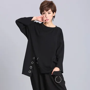 

Spring New Arrivals Fashion Brand Split Long Sleeve T-shirt Women's Top Black Color Loose Clothes Female