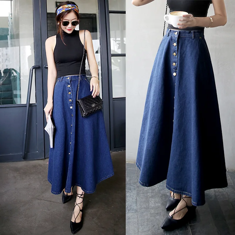 

Spring And Summer Loose-Fit Slimming Solid Color High-waisted Buckle Denim Skirt Korean-style Skirt Medium-length Dress A- line