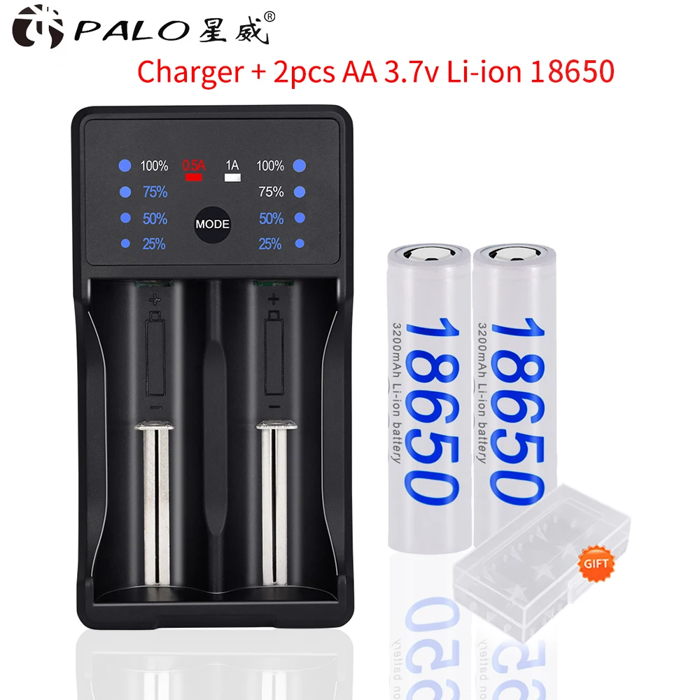 

PALO 3200mAh 18650 3.7V Li-ion lithium Rechargeable Battery with Smart Fast Charger For 18650 14500 16350 18500 AA AAA batteries