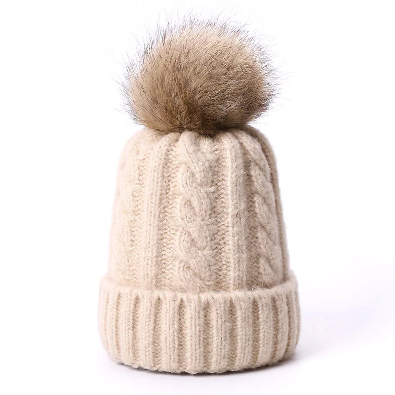 Faux Fur Pompon Beanie Hat For Women Children Winter Wool Crochet Caps For Baby Boys Girls Skullies Beanies Solid Color Ski Cap - Цвет: A