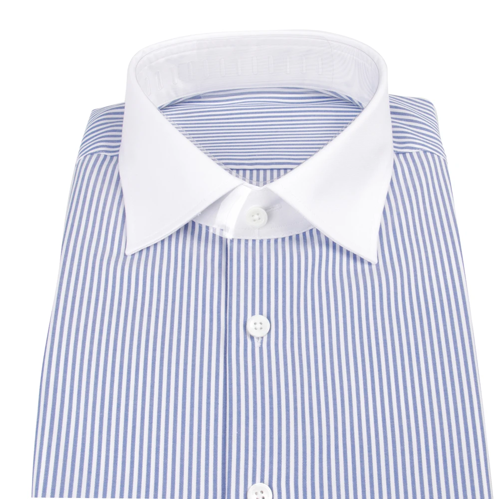 80s 2-ply Luxury Dress Shirt Custom Made Shirts 100% Cotton Blue Stripe Shirts 80s Two-Ply Tailored Men Shirts White Collar Cuff