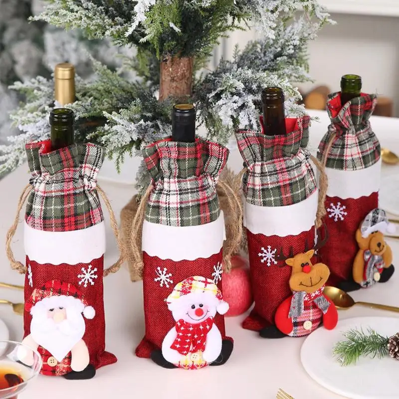VKTECH, Рождественская Крышка для бутылки вина с изображением оленя, медведя, Санта Клауса, снеговика, красного вина, шампанского, сумка для бутылки, для рождественской вечеринки, домашний декор