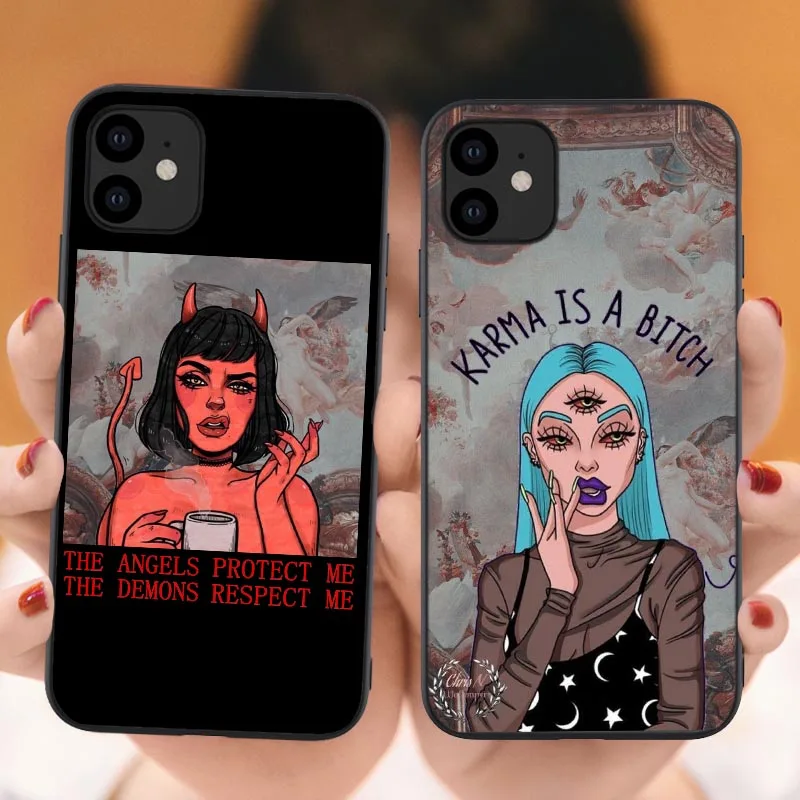 

THE ANGELS PROTECT ME THE DEMONS RESPECT ME Soft for iPhones 11 Pro Max 12 SE X 6 6s 7 8 Plus XR XS MAX Lovely Devil woman Cover