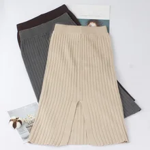Высокая талия Весна Осень трикотажные женские юбки Теплая юбка длинные женские ребристые юбки теплая трикотажная прямая юбка в рубчик черная