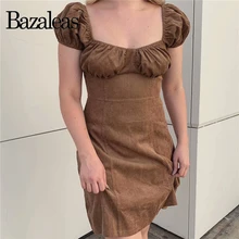 Bazaleas Vintage terciopelo marrón vestido de manga corta Sexy fruncido vestido de moda Delgado partido mujeres vestido