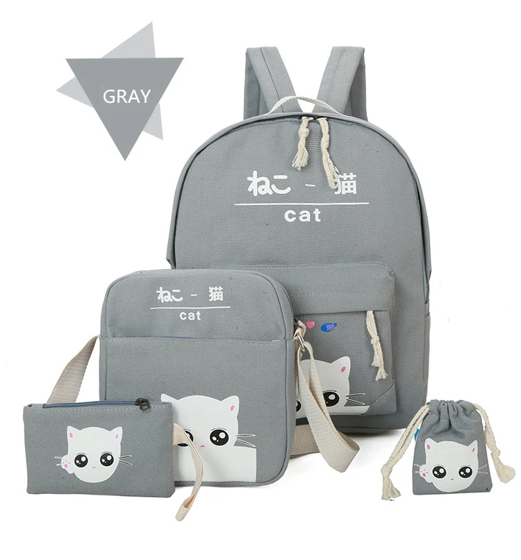 Fashion Cartoon Kitten backpack for ladies High quality canvas school bag for teen girls College 4pcs/set school backpacks