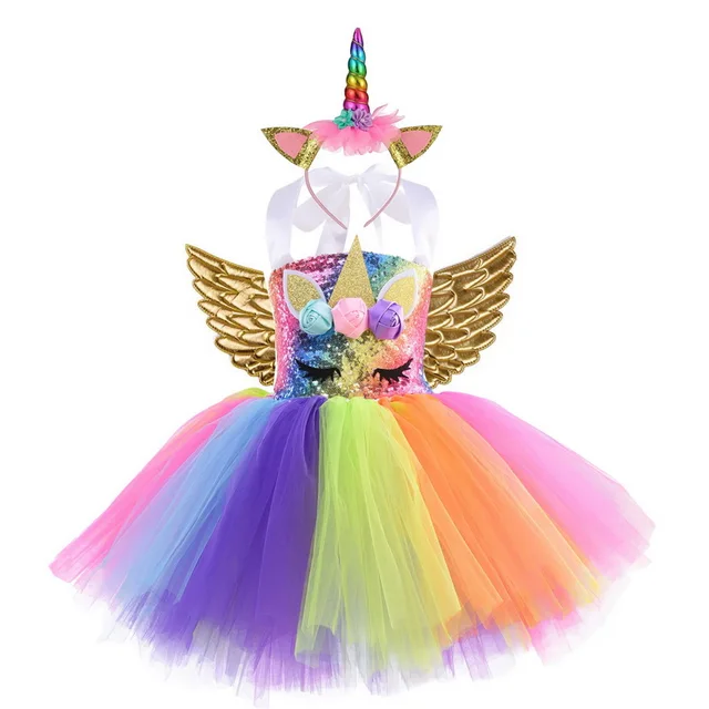 Kids World Book Day Unicorn Costume Girls Birthday Party LED Lights Sequin Rainbow Tutu Dress Shiny Princess Cosplay Costume style-A1