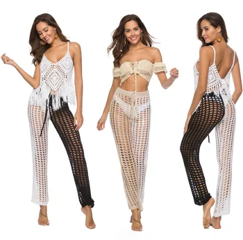 

High Waist Hollow Out Pants Lace Crochet Long Sexy Lace Women Fashion Trousers Black Beach Casual Women Pants Hip Elasticity