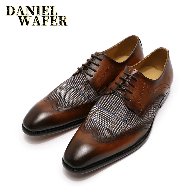 LUXURY BRAND GENUINE LEATHER DERBY OXFORD SHOES BLACK BROWN LACE UP WINGTIP PATCHWORK FASHION MEN LEATHER SHOES FOR FORMAL DRESS