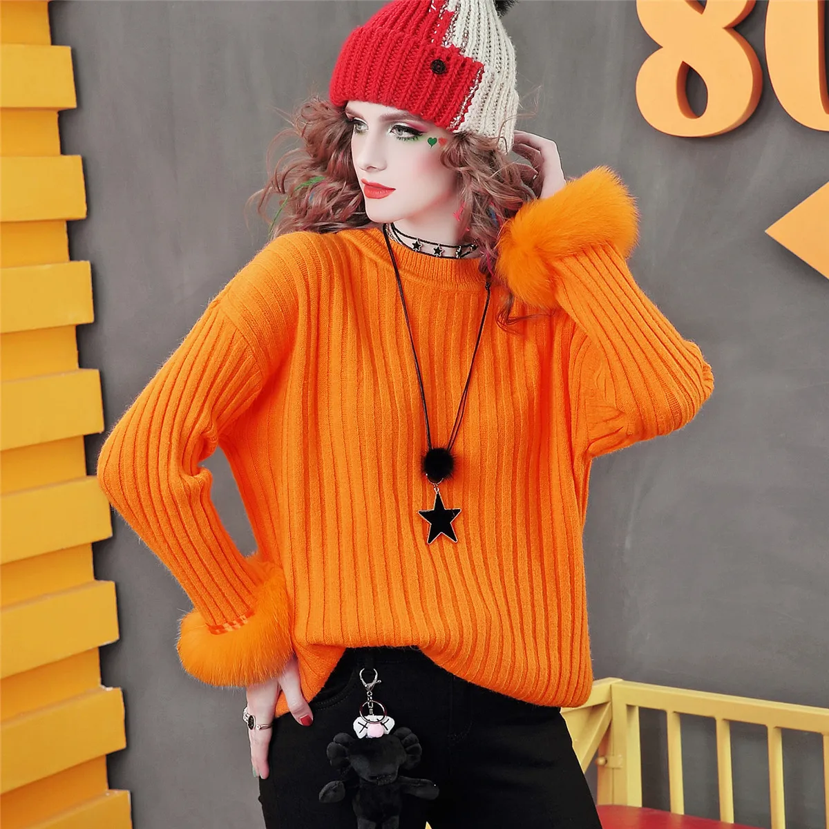 

Winter Women's Pullover Sweater European Style 2020 New Real Fur Cuff Sweaters Female Knitted Bottom Clothes