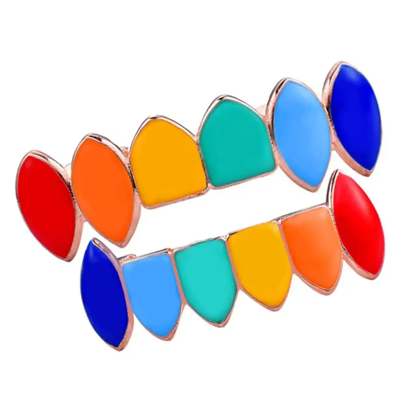 Hip Hop Gold Plated Colorful Rainbow  Fangs Top and Bottom Grill