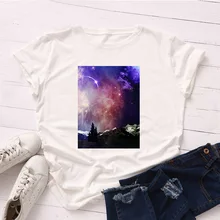 

100% Cotton Stock Sale Women Planet Universe Print Shirt O Neck Short Sleeve Tees Shirts Casual Tops Mujer Camisetas Wholesale