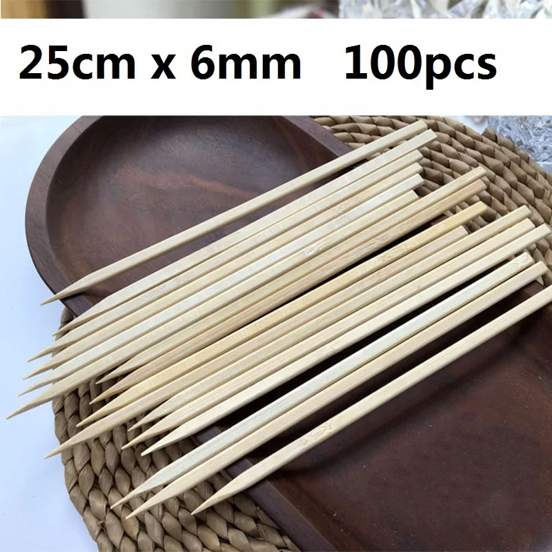 100-300pcs Disposable Bamboo Skewers Natural Wood Flat BBQ Skewer Sticks Party BBQ Accessories Restaurant Utensils 25cm*6mm