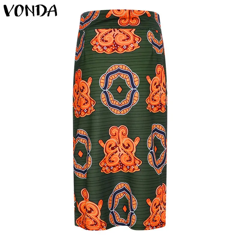 Green Spends Женская юбка VONDA, летняя, элегантная, офисная, повседневная, с цветочным принтом, миди, юбки с высокой талией, сексуальная, бодикон, большие S-5XL - Цвет: Green Spends