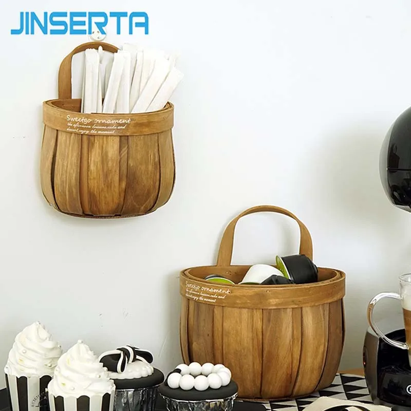 

JINSERTA Wooden Storage Basket Retro Cute Handmade Dessert Bread Fruit Tableware Sundries Organizer Hang Basket for Decor