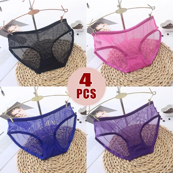 

4pcs/Set Women's Sexy Breathable See Through Briefs Panties Knickers Underwear Lace Comfortable Solid Color Underwear
