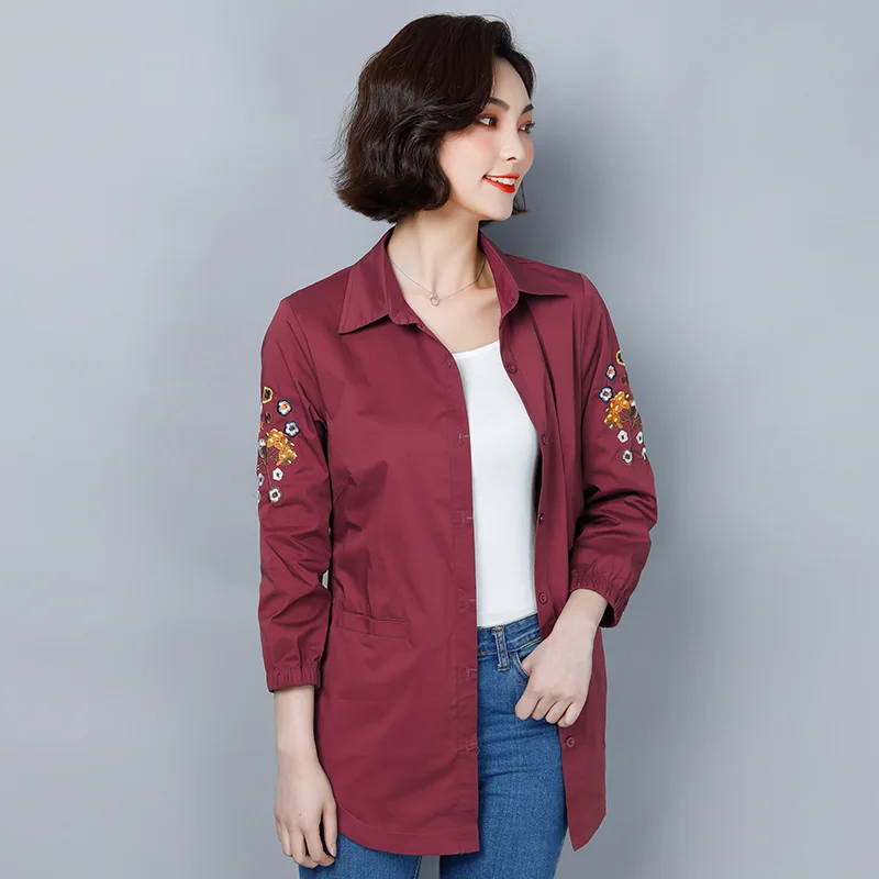 

COIGARSAM Korea Style Shirt Womens tops New Spring Office Lady Full Sleeve Embroidery Chiffon Solid Women shirts Blue 136