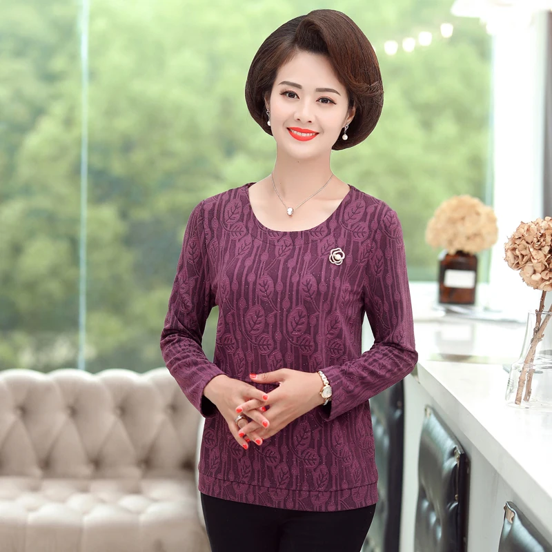 

Mother Fashion Casual T-Shirt 2019 Spring Fall New Middle Age Women O-Neck Tshirts Long Sleeve Tee Tops Bottoming Shirt Pullover