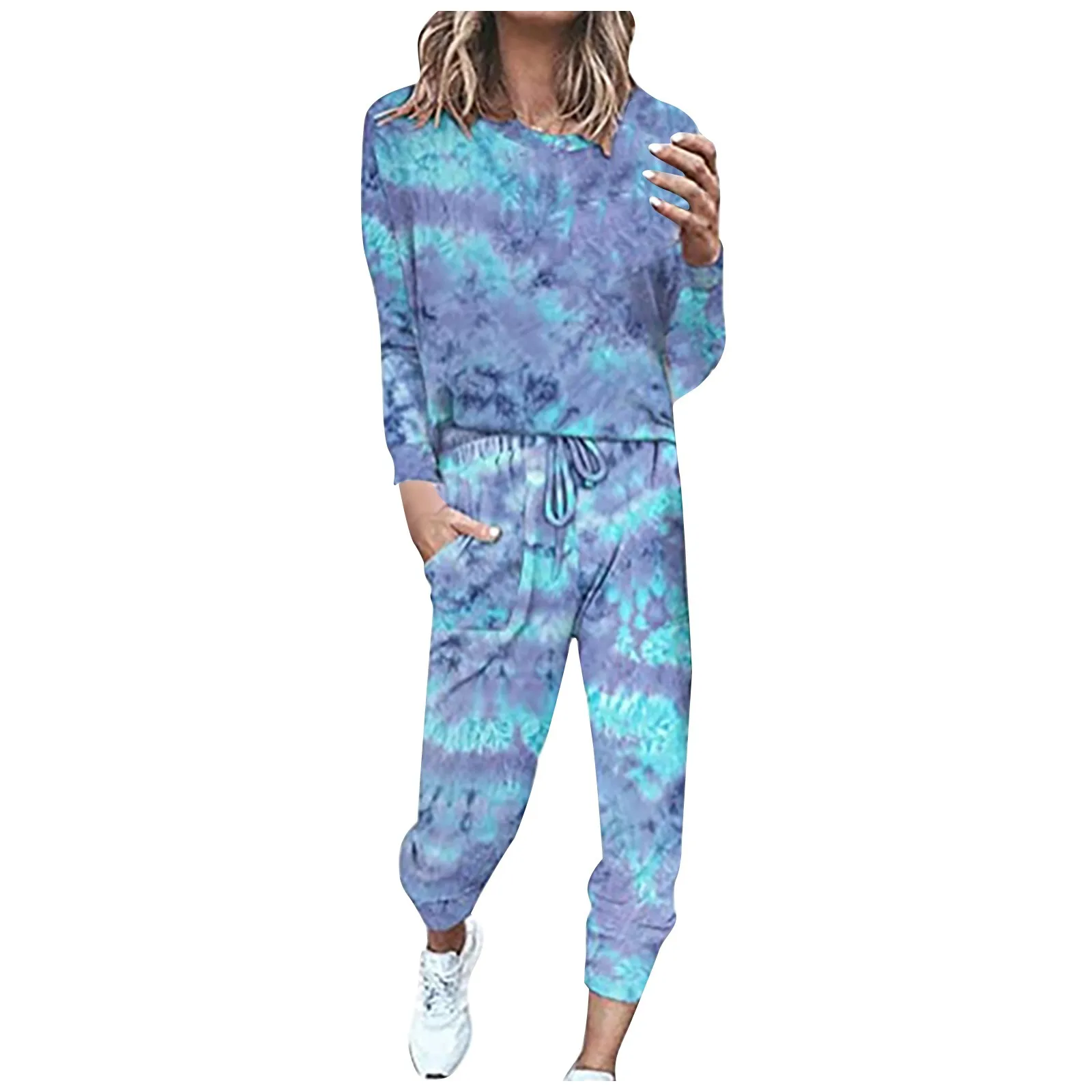 2 Set Piece Women Fashion Tie Dyeing Printed Long Sleeve Bandage Loose Long Pants Females O-Neck Pullover Sports Suit de mujer 2