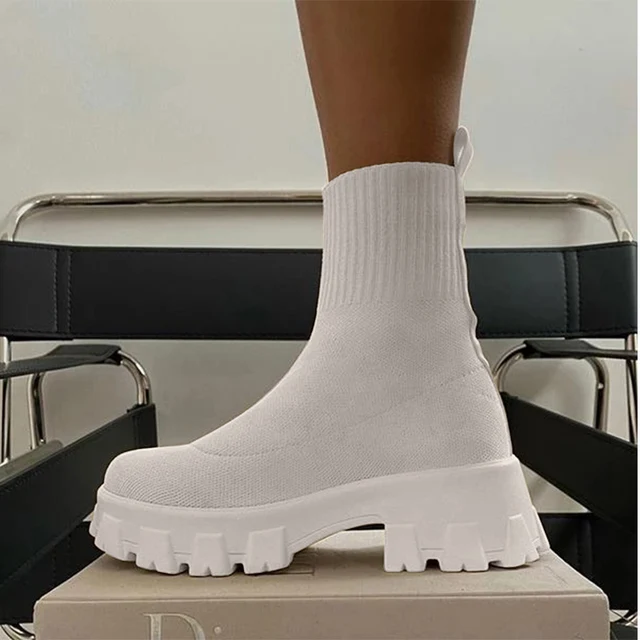 MCCKLE Women Boots Slip On Western Ankle Boots Platform Knitted Ladies Autumn Socks Boots for Women Fashion Female Booties 2021 2825white