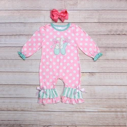 Barboteuse d'automne pour filles, vêtements imprimés à points blancs, manches longues, rose, nœud vert, chaussures de danse, motif brodé, barboteuse pour bébés 