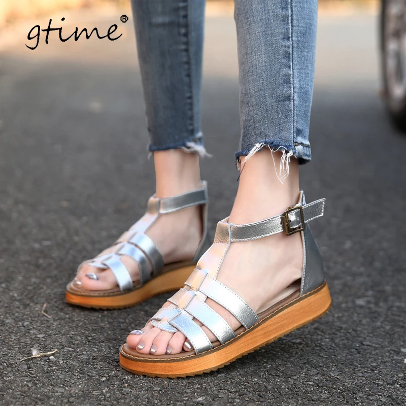 

Gtime Summer Genuine Leather Shoes Casual Fashion Women Gladiator Sandals T-Strap Wedges Platform Beach ZWS202