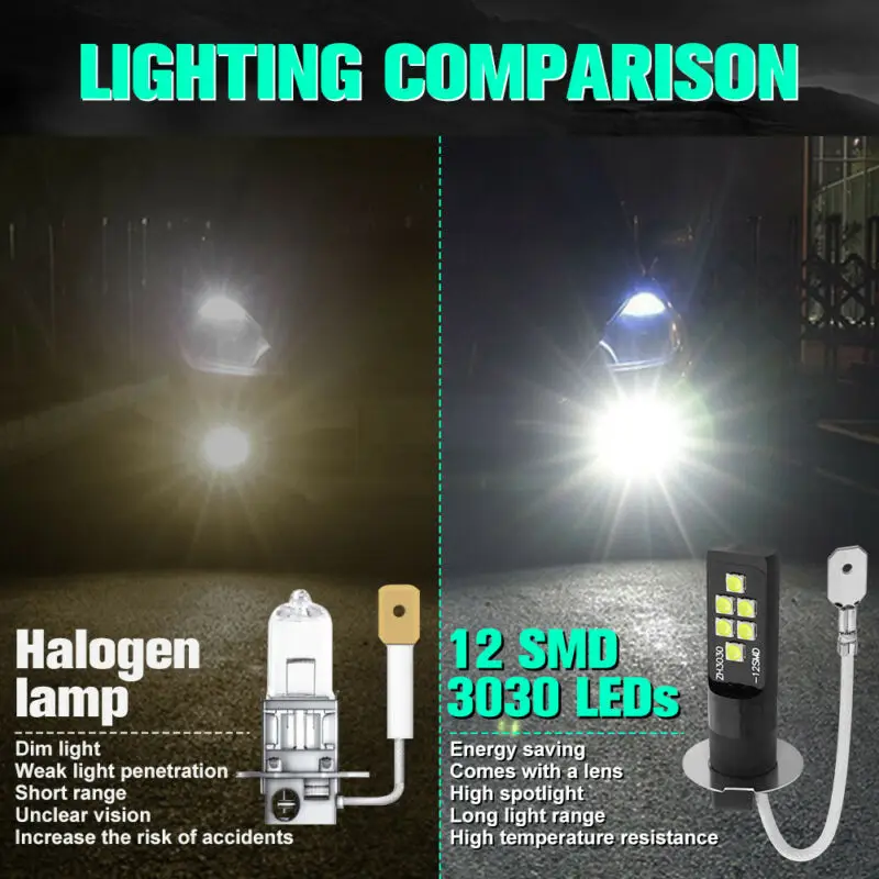 hid lights for car 2pcs H3 LED Fog Light Bulb DC12V 3030 SMD 6000K White Car Fog Light High Bright DRL Driving Lamp Built-in High Quality Ic hid lights for car