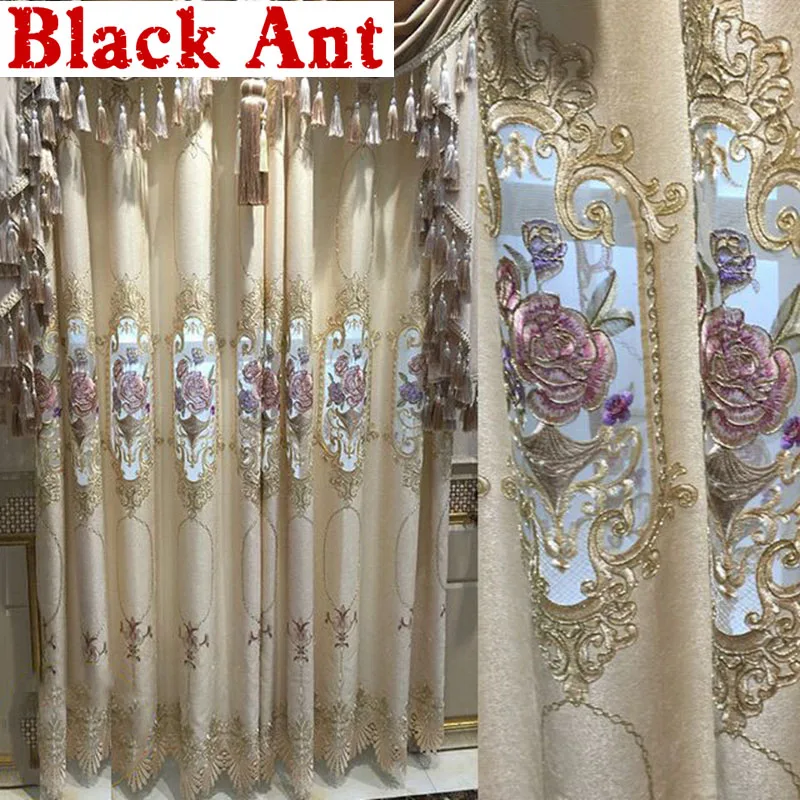 

Europe Luxury Noble Villa Bedroom Curtains Gold Blue Blackout Chenille Fabric Window Drapes Tulle for Living room Cortina X763#4