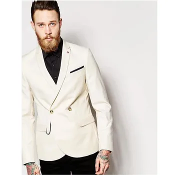 

ustom Men Suits Sets Elegant Ivory Jacket With Black Pants Fashion Groom Best Man Wedding Party Tuxedo (Jacket+Pants) G368