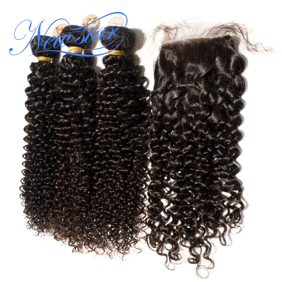 Brazilian Afro Kinky Curly Virgin Hair 3 Bundles Weaving With Lace 4x4 Closure New Star Human Hair Product And Free Part Closure