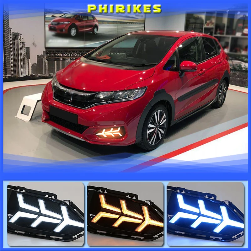 

2 шт. для Honda Jazz fit 2018 2019 светодиодсветодиодный дневные ходовые огни DRL противотуманная фара с желтым поворотным сигналом
