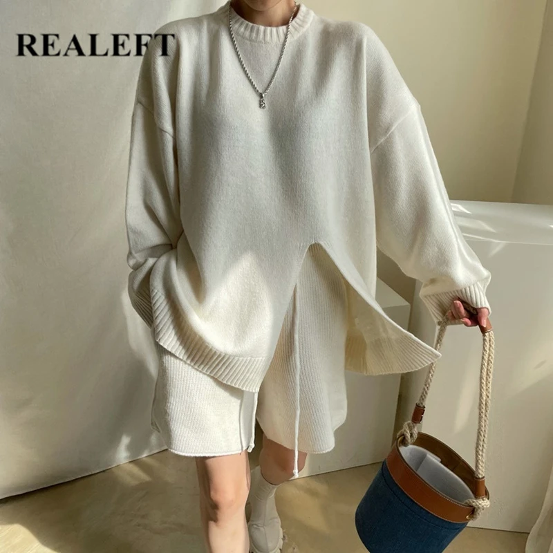 REALEFT Autumn Winter 2 Pieces Women's Sets Knitted Tracksuit 2021 New Front Split Sweater and Straight Shors Pullover Suits womens underwear sets