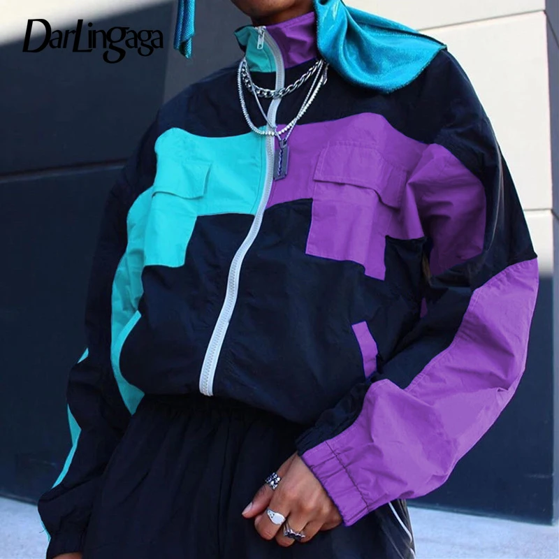 remarkable  Darlingaga Streetwear Loose Turtleneck Jacket Women Casual Patchwokr Zipper Coat Sporty Contract Co